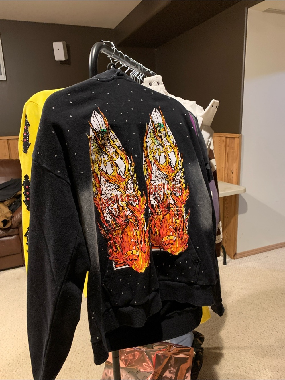 Black Graphic Zip-Up Sweater with Fiery Skateboard Print